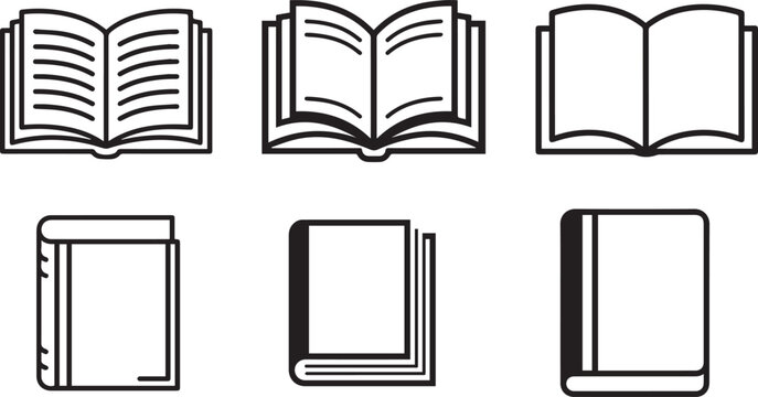 Book Icon Set Open and Closed Books Black Outline Vector Collection Education Library Reading Symbols .