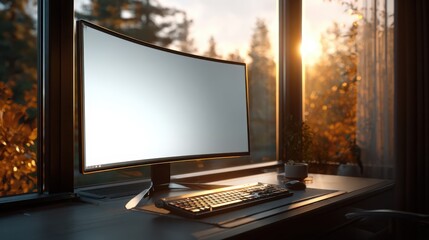 Fototapeta premium Modern Office Workspace with Large Computer Monitor and Natural Sunset View
