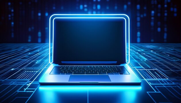 a portable neon computer with blank screen and a desk in a dark room with blue lighting striking image featuring a laptop with neon blue light on a digital grid symbolizing cutting edge technology