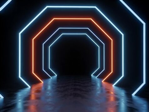 Camera slowly moves forward through the glowing blue and orange neon octagonal tunnel, lights pulsing and reflections shimmering on the floor
