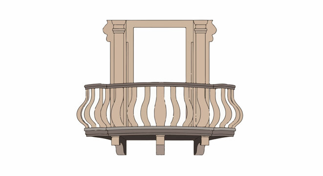 Ornate wooden balcony with decorative balusters and window frame