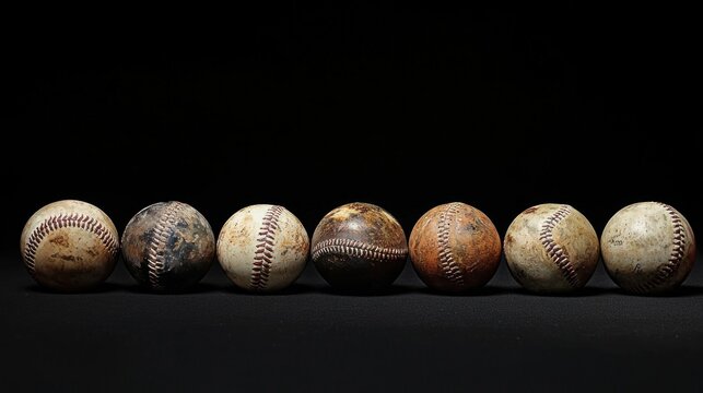 A row of old baseballs on a black background.
