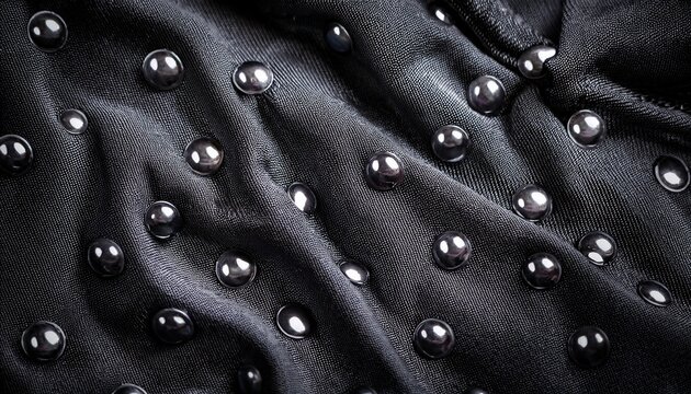 close up view of textured black fabric featuring metallic studs reflecting light showcasing intricate details and patterns in a fashion or design context