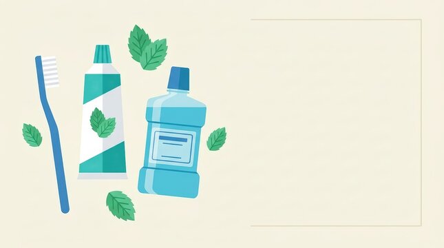 Oral care set with toothbrush toothpaste mouthwash and mint leaves