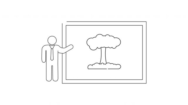 Simple Line Drawing of a Person Presenting a Mushroom Cloud on a Whiteboard.