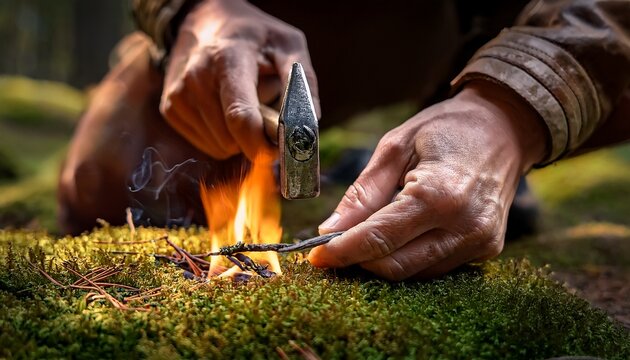 close up of hands using flint and steel to start a fire on mossy ground dry tinder igniting detailed textures dramatic natural light