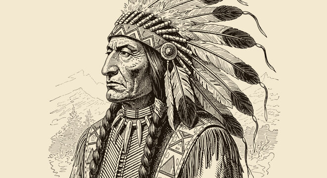 Native American Chief Portrait, Vintage Engraving Style, Feather Headdress, Tribal Elder