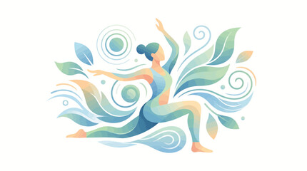 Obraz premium Woman in a yoga pose surrounded by leaves and swirls.