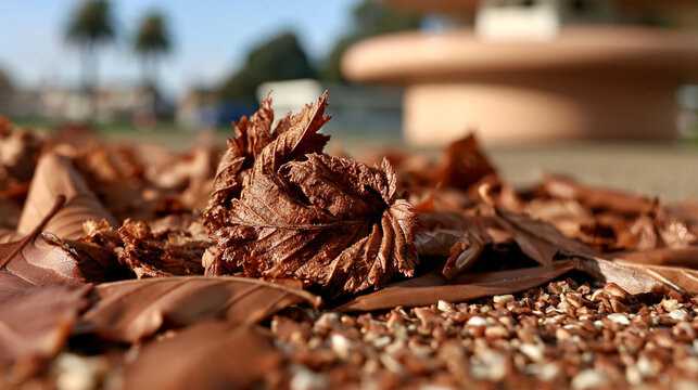 Dry seed pod and fallen leaves on ground in park with plant matter leaf litter close-up