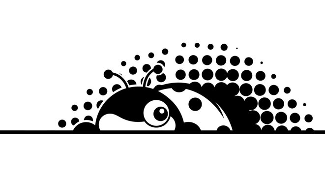 Curious ladybug peeking over line with halftone dots silhouette