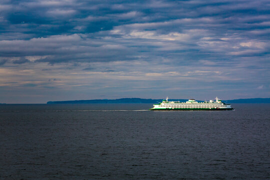 View of a passenger ferry, a ship on the sea in Puget Sound, Washington
