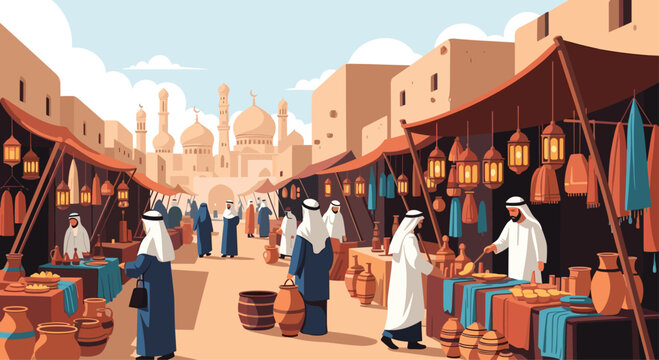 Busy traditional Middle Eastern market street with merchants in robes selling pottery and lanterns under a blue sky.