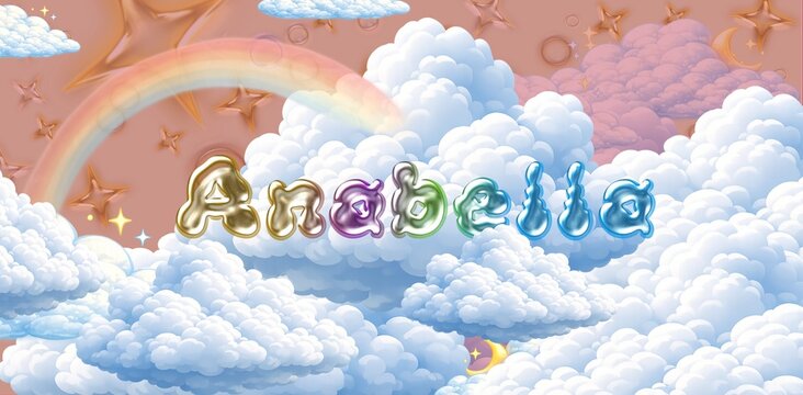 Annabelle name. Colorful 3D Cloud Fantasy Background with Glossy Balloon Letters. Dreamy Sky, Stars and Soft Clouds Illustration.