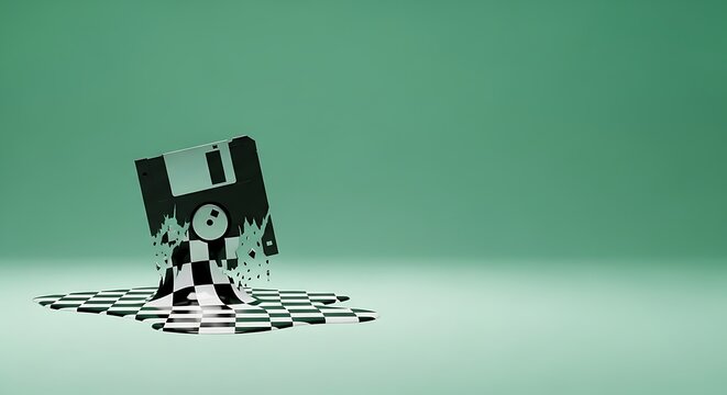 Vintage floppy disk melting into scattered pieces on green gradient surface