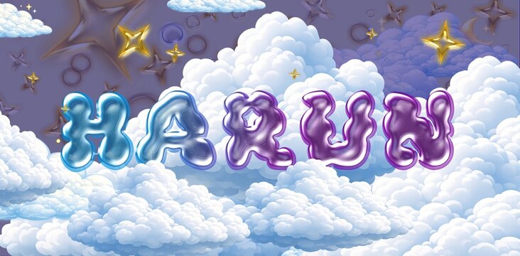 Harun name. Colorful 3D Cloud Fantasy Background with Glossy Balloon Letters. Dreamy Sky, Stars and Soft Clouds Illustration.