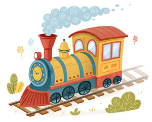 Colorful cartoon steam train running on railway tracks © Brand Banai