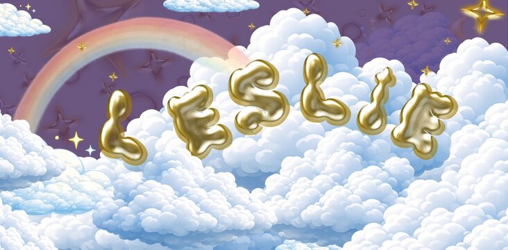 Leslie name. Colorful 3D Cloud Fantasy Background with Glossy Balloon Letters. Dreamy Sky, Stars and Soft Clouds Illustration.