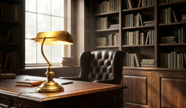 Elegant classic wooden office interior featuring leather armchair beside antique mahogany desk with glowing golden banker lamp and old vintage library shelves.