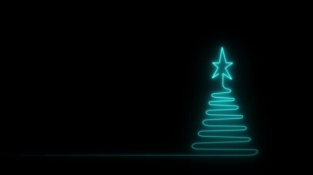 Self drawing animation of New Year tree, Christmas tree. Neon glowing outline on black background, luma matte motion animation 4k video...