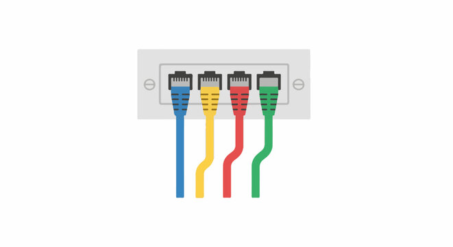 Network patch panel with four colored Ethernet cables connected