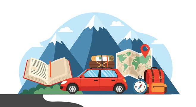 Red car loaded with luggage stands before snow capped mountains with travel essentials like a map compass and book for a road trip.