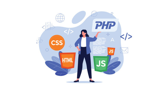 Professional female developer stands confidently surrounded by icons for various programming languages including html css and php.