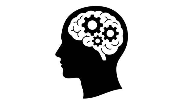 Black silhouette of a human head with gears in the brain