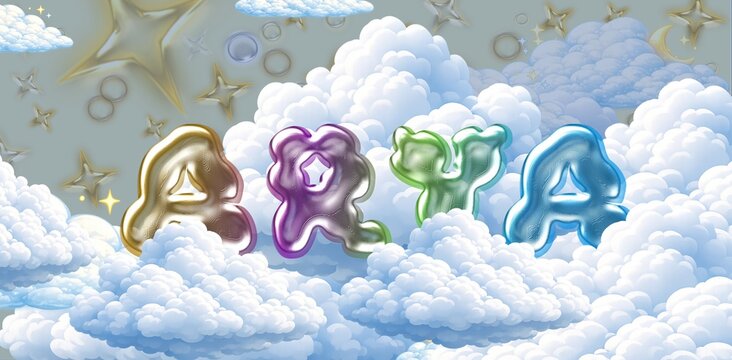 Arya name. Colorful 3D Cloud Fantasy Background with Glossy Balloon Letters. Dreamy Sky, Stars and Soft Clouds Illustration.