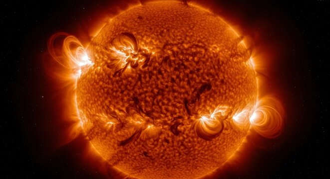 Intense solar flare erupts with a coronal mass ejection against a dark background