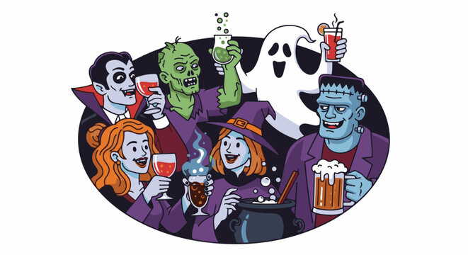 Monsters and people celebrate Halloween with drinks and a cauldron