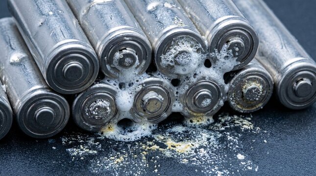 Concept of the dark side of green tech featuring damaged lithium-ion cells with toxic chemical leakage, illustrating EV battery pollution and e-waste management crisis