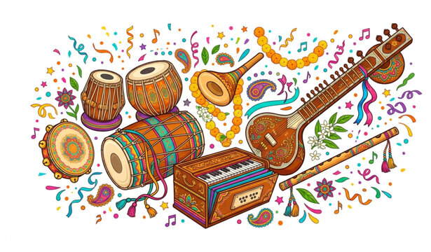 Traditional Indian musical instruments vector illustration with festive confetti isolated on white background