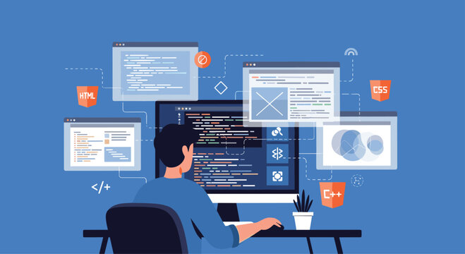 Software developer sits at a computer writing code while surrounded by multiple screens showing various web development icons.