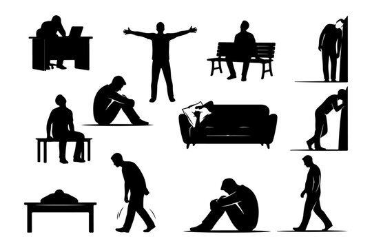 Man Feeling Tired Silhouette Vector Set Exhausted Worker Stress Pose Collection