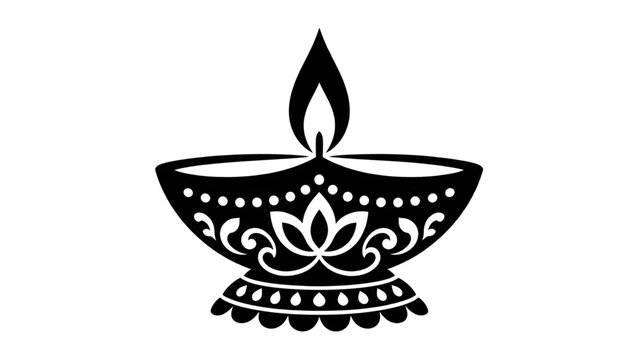Black and white Diwali lamp with floral design and flame