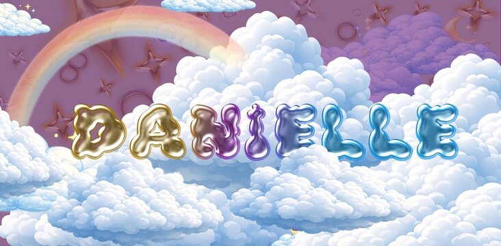 Danielle name. Colorful 3D Cloud Fantasy Background with Glossy Balloon Letters. Dreamy Sky, Stars and Soft Clouds Illustration.