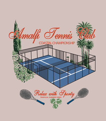Fototapeta premium Tennis with palm tree and Tennis Bat with ball. Relax With Sporty Typography Summer Slogan. Vacation Tee Shirt Graphics. Tee Shirt Design. hand Drawing illustration. boy's men's clothing prints.