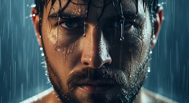 Intense man's face with dripping water, eyes focused, in a stormy atmosphere