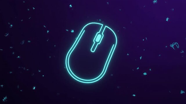 minimalist neon mouse icon rotating on dark background with digital particles