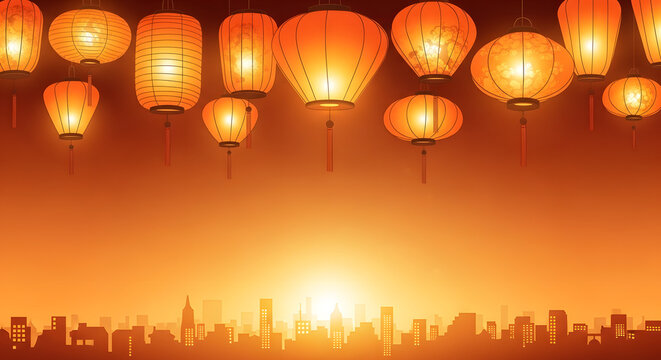 Floating lanterns over city skyline at dusk a warm and festive scene