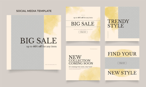 social media template banner fashion sale promotion. fully editable instagram and facebook square post frame puzzle organic sale poster. brown yellow vector background