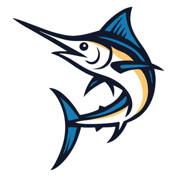 Blue marlin fish, leaping, with white and yellow accents