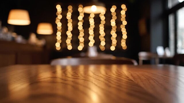 Empty wooden table in warm cafe with blurred bokeh lights