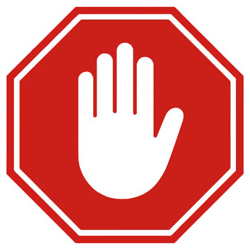 Red octagonal stop sign with white hand, transparent background