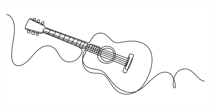 Acoustic guitar drawing made with a single continuous black line Vector, illustration
