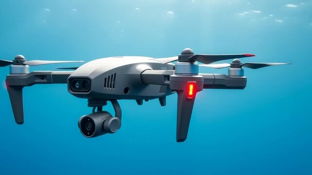 Underwater Drone with Camera Flying in Clear Blue Ocean Water, Technology