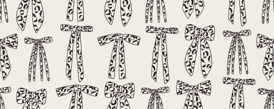 Preppy Cheetah Bow Leopard Seamless Pattern. Bow Leopard Animal Aop Spots Wrap Bg. Seamless Ribbon Leopard Wrapping Paper. Vector Doodle Background