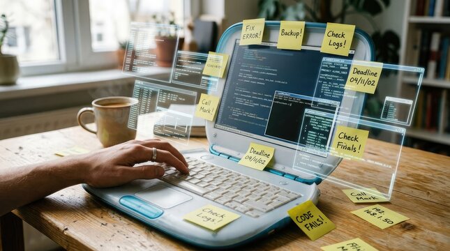 Overworked programmer with open laptop coffee and sticky notes