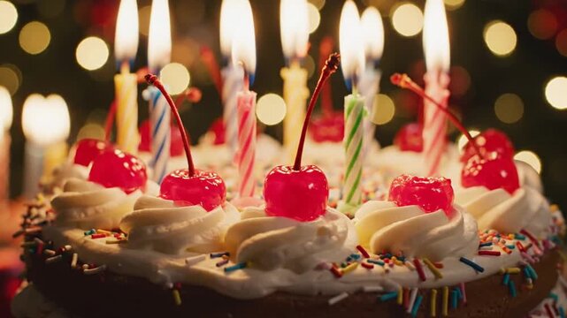 Festive birthday cake with lit candles and red cherries