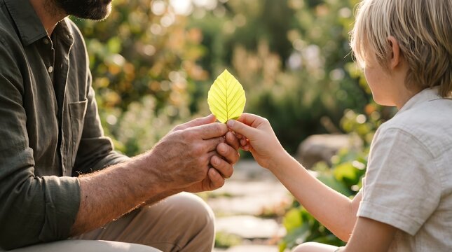 Father's Day Father and Son Holding Green Leaf Together Outdoors